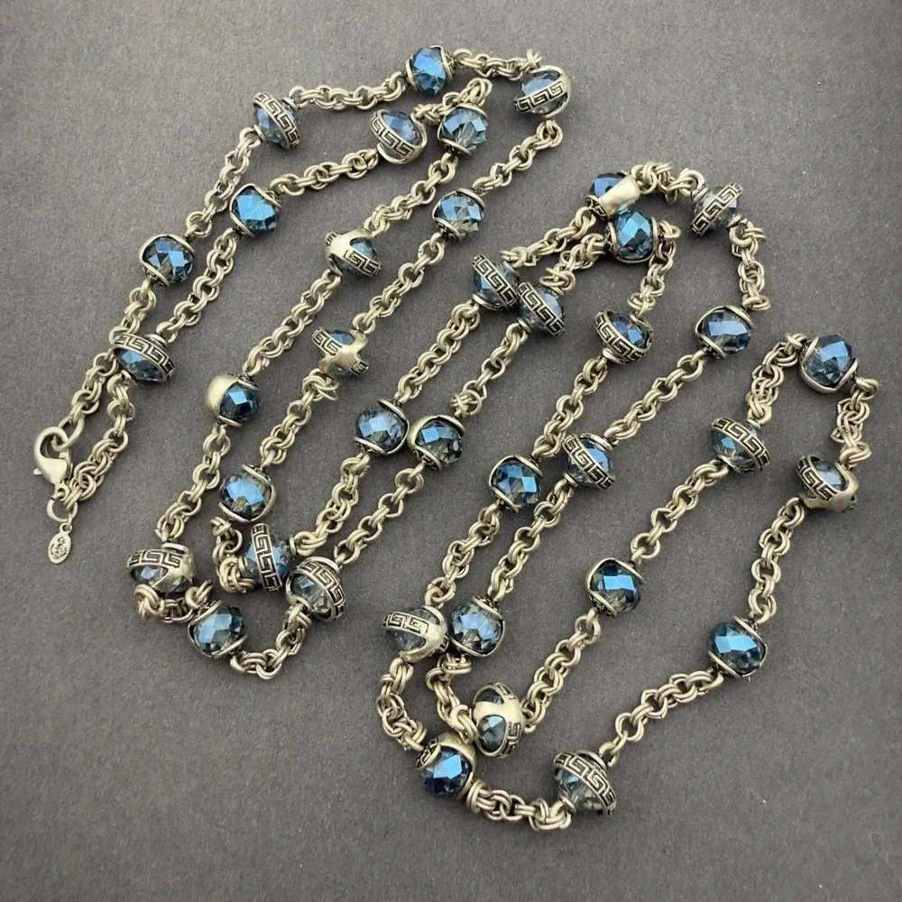 Premier Designs Greek Key Station Necklace Blue Crystal Long Layering Silver